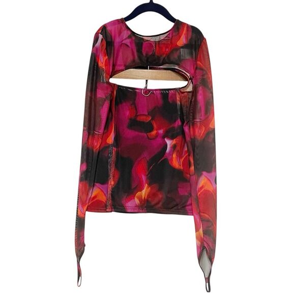 Sheer Mesh Floral 2 Piece Set | Red & Pink Y2K Clubwear Crop Top + Mini Skirt XS - Picture 3 of 16